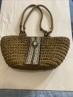 Woven Olive/Khaki Tote with Beaded, Sequin & Shell Accent